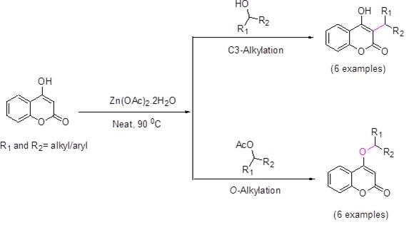 For the C3-alkylation and O-alkylation of 4-hydroxycoumarins with benzylic, allylic, and corresponding acetates, respectively, under neat conditions at 60 0C with high product yield, Zn(OAc)2.2H2O has been found to be an effective reusable solid superacid catalyst.